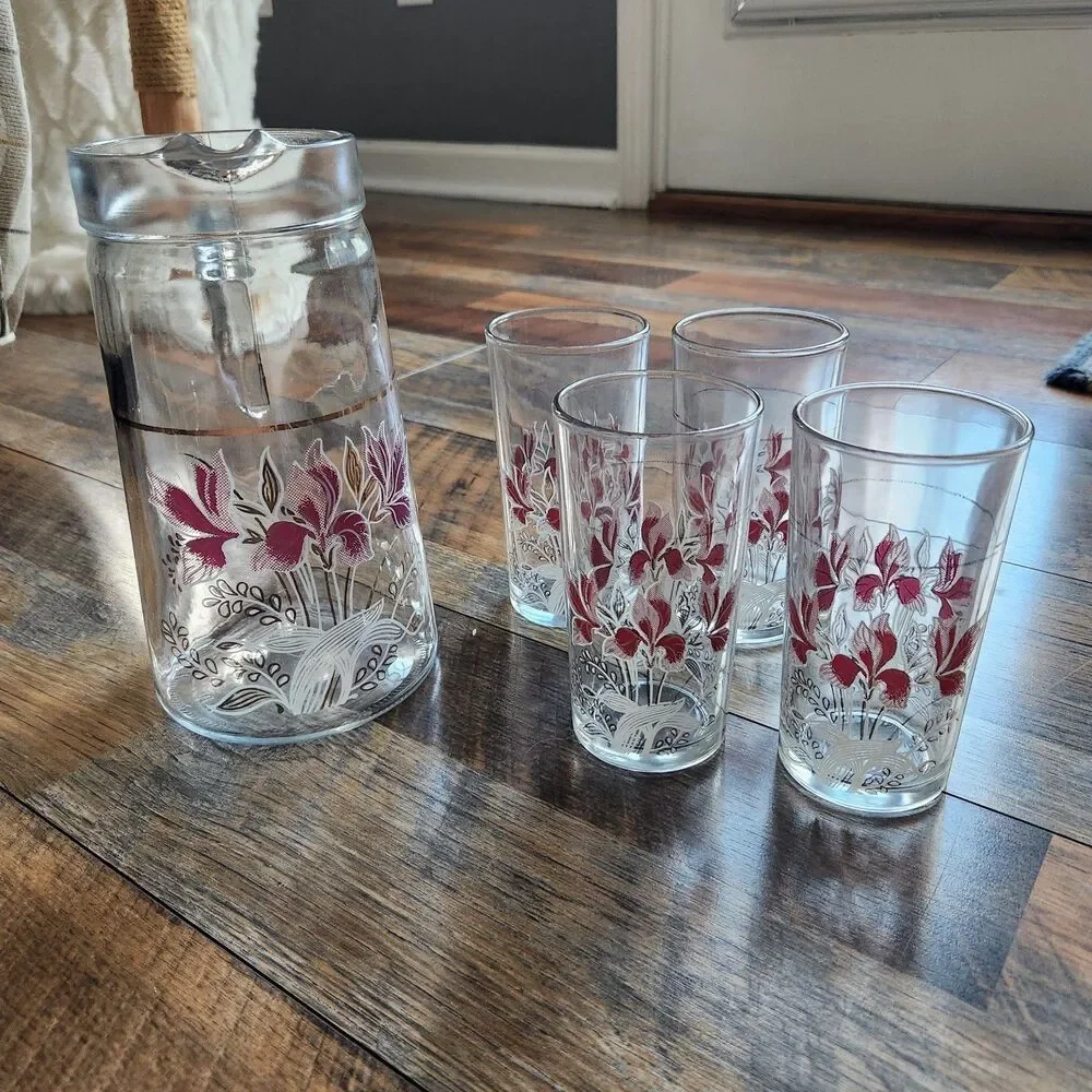 Vtg MCM Covetro Italian Pink Floral Pitcher &Glass Highball Drink Set Gold Trim